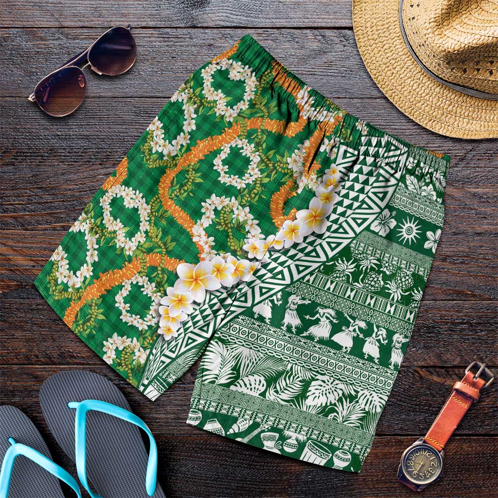 Hawaiian Plumeria Lei Shorts for Men Kakau Motifs and Palaka Half Style Green Color LT03 Green - Polynesian Pride
