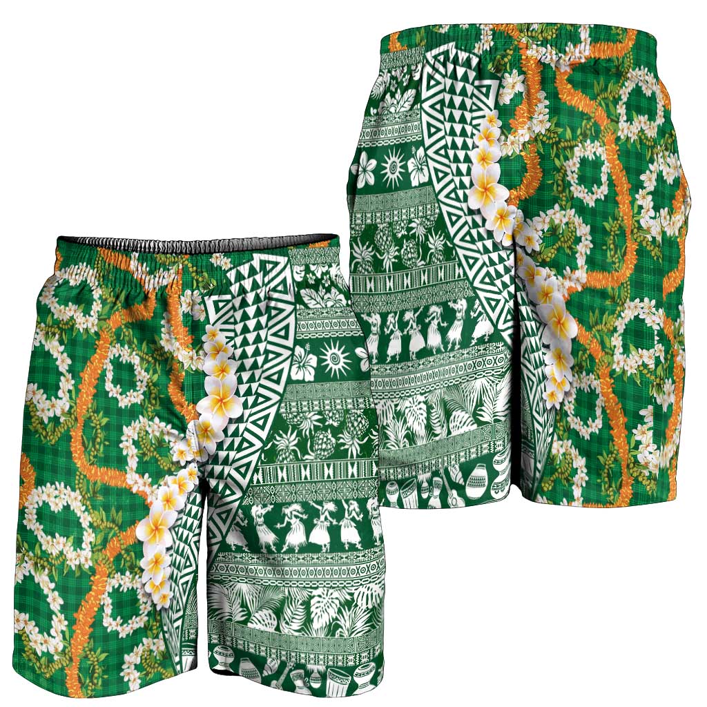 Hawaiian Plumeria Lei Shorts for Men Kakau Motifs and Palaka Half Style Green Color LT03 - Polynesian Pride