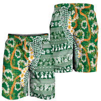 Hawaiian Plumeria Lei Shorts for Men Kakau Motifs and Palaka Half Style Green Color LT03 - Polynesian Pride