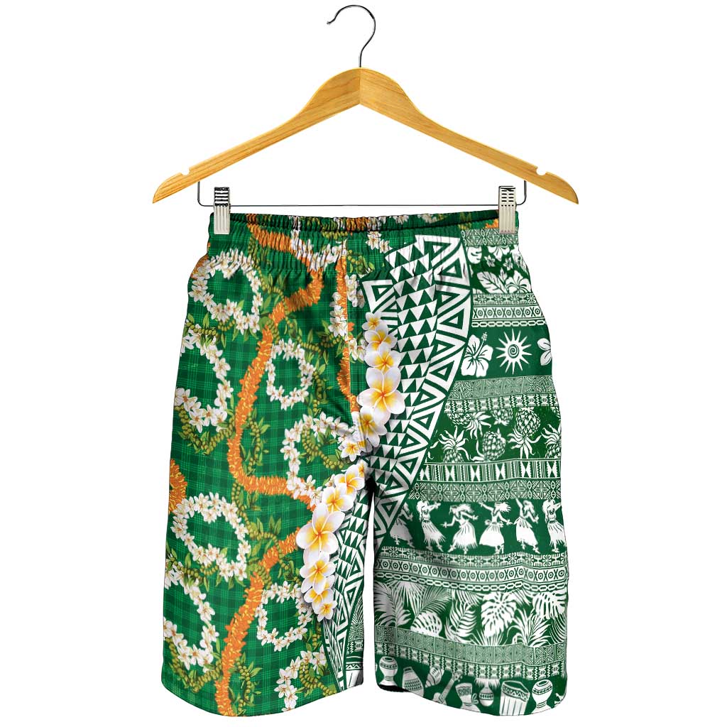 Hawaiian Plumeria Lei Shorts for Men Kakau Motifs and Palaka Half Style Green Color LT03 - Polynesian Pride