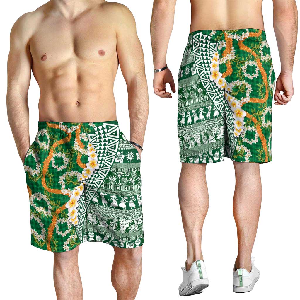 Hawaiian Plumeria Lei Shorts for Men Kakau Motifs and Palaka Half Style Green Color LT03 - Polynesian Pride