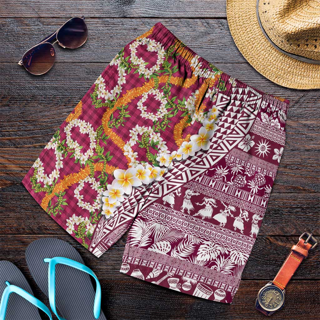 Hawaiian Plumeria Lei Shorts for Men Kakau Motifs and Palaka Half Style Pink Color LT03 Pink - Polynesian Pride