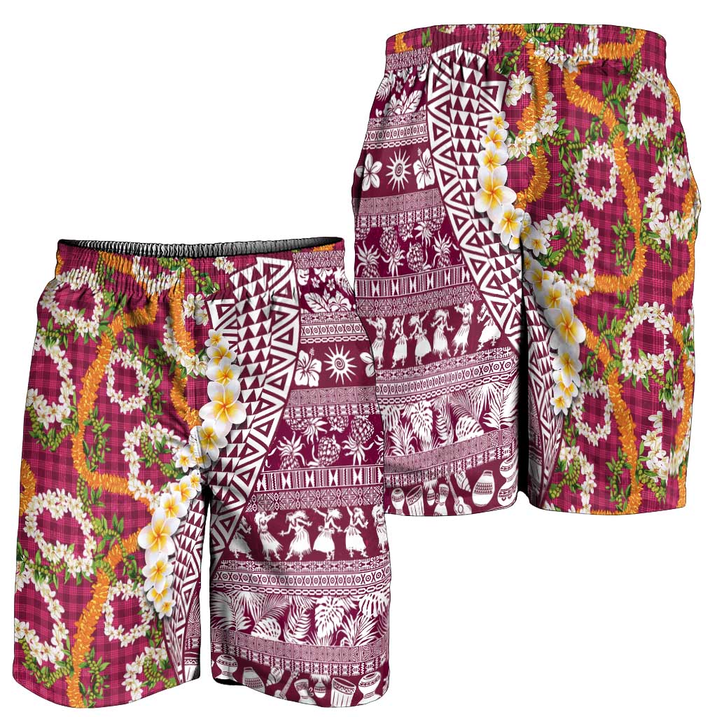 Hawaiian Plumeria Lei Shorts for Men Kakau Motifs and Palaka Half Style Pink Color LT03 - Polynesian Pride