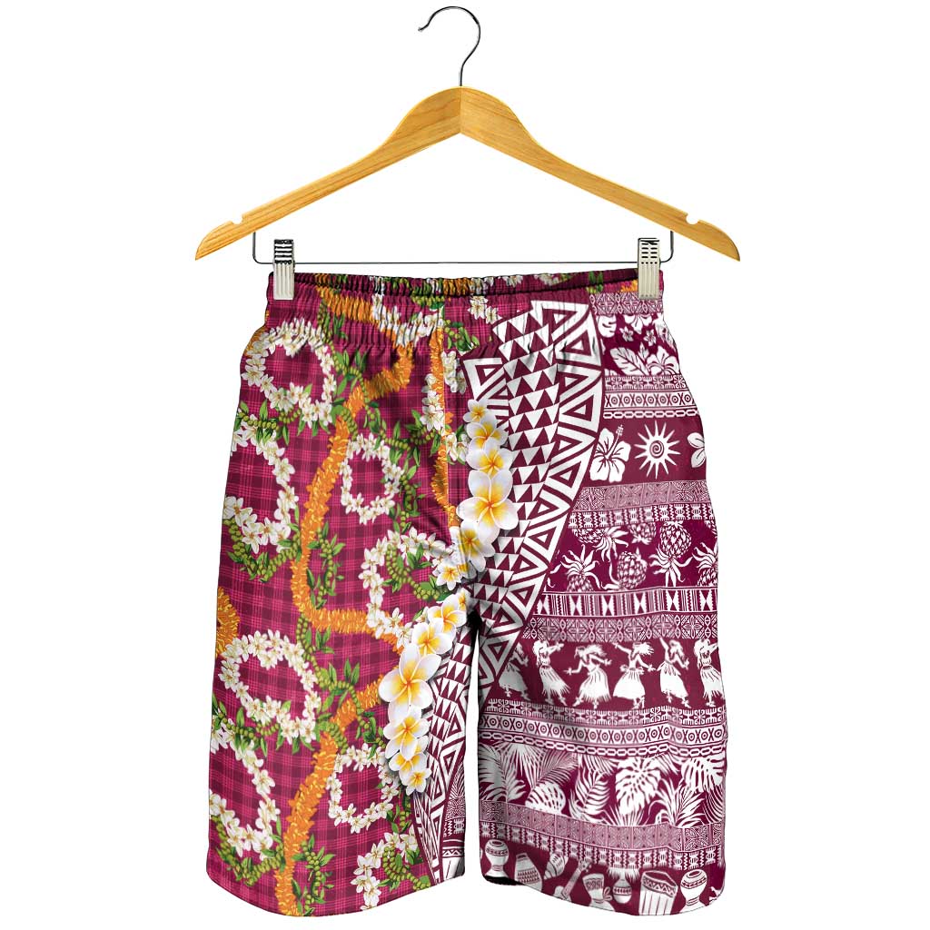 Hawaiian Plumeria Lei Shorts for Men Kakau Motifs and Palaka Half Style Pink Color LT03 - Polynesian Pride