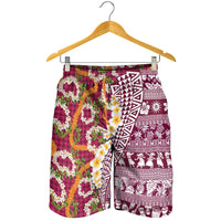 Hawaiian Plumeria Lei Shorts for Men Kakau Motifs and Palaka Half Style Pink Color LT03 - Polynesian Pride