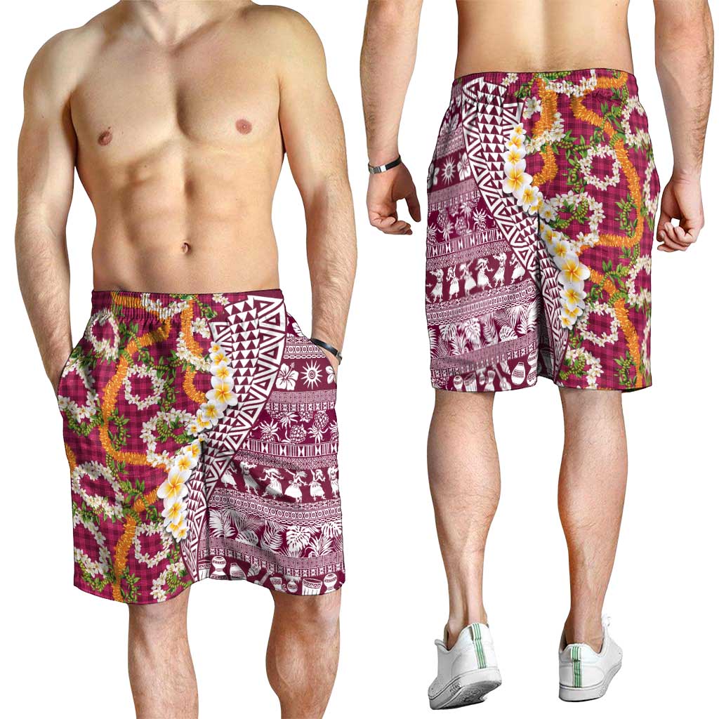 Hawaiian Plumeria Lei Shorts for Men Kakau Motifs and Palaka Half Style Pink Color LT03 - Polynesian Pride