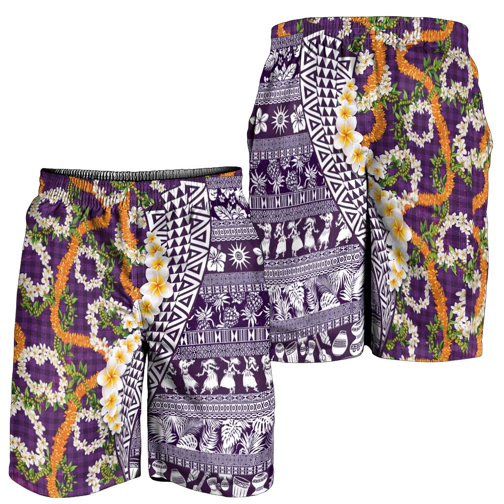 Hawaiian Plumeria Lei Shorts for Men Kakau Motifs and Palaka Half Style Purple Color LT03 - Polynesian Pride