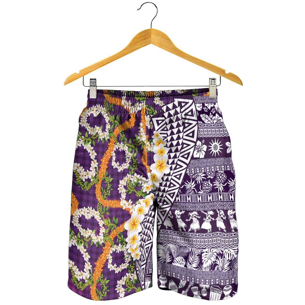 Hawaiian Plumeria Lei Shorts for Men Kakau Motifs and Palaka Half Style Purple Color LT03 - Polynesian Pride