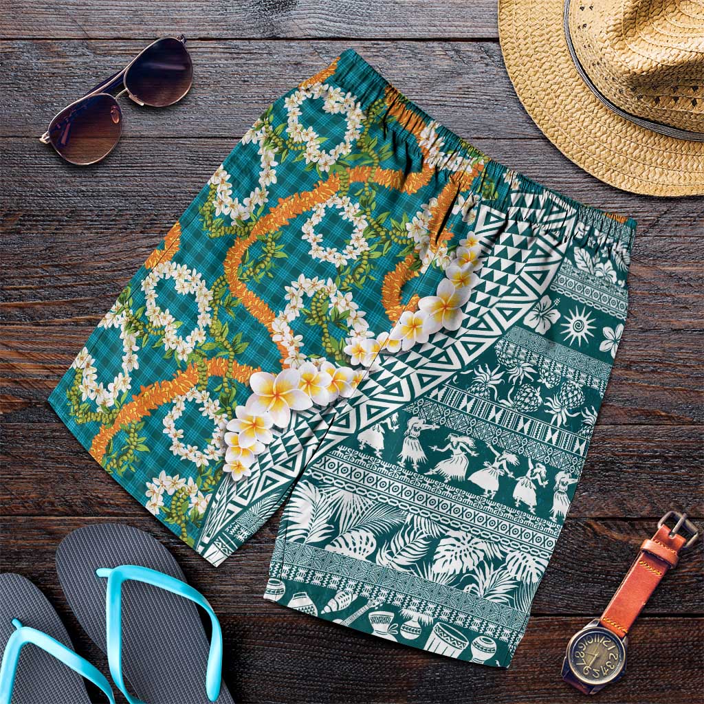 Hawaiian Plumeria Lei Shorts for Men Kakau Motifs and Palaka Half Style Turquoise Color LT03 Turquoise - Polynesian Pride