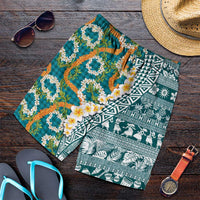 Hawaiian Plumeria Lei Shorts for Men Kakau Motifs and Palaka Half Style Turquoise Color LT03 Turquoise - Polynesian Pride