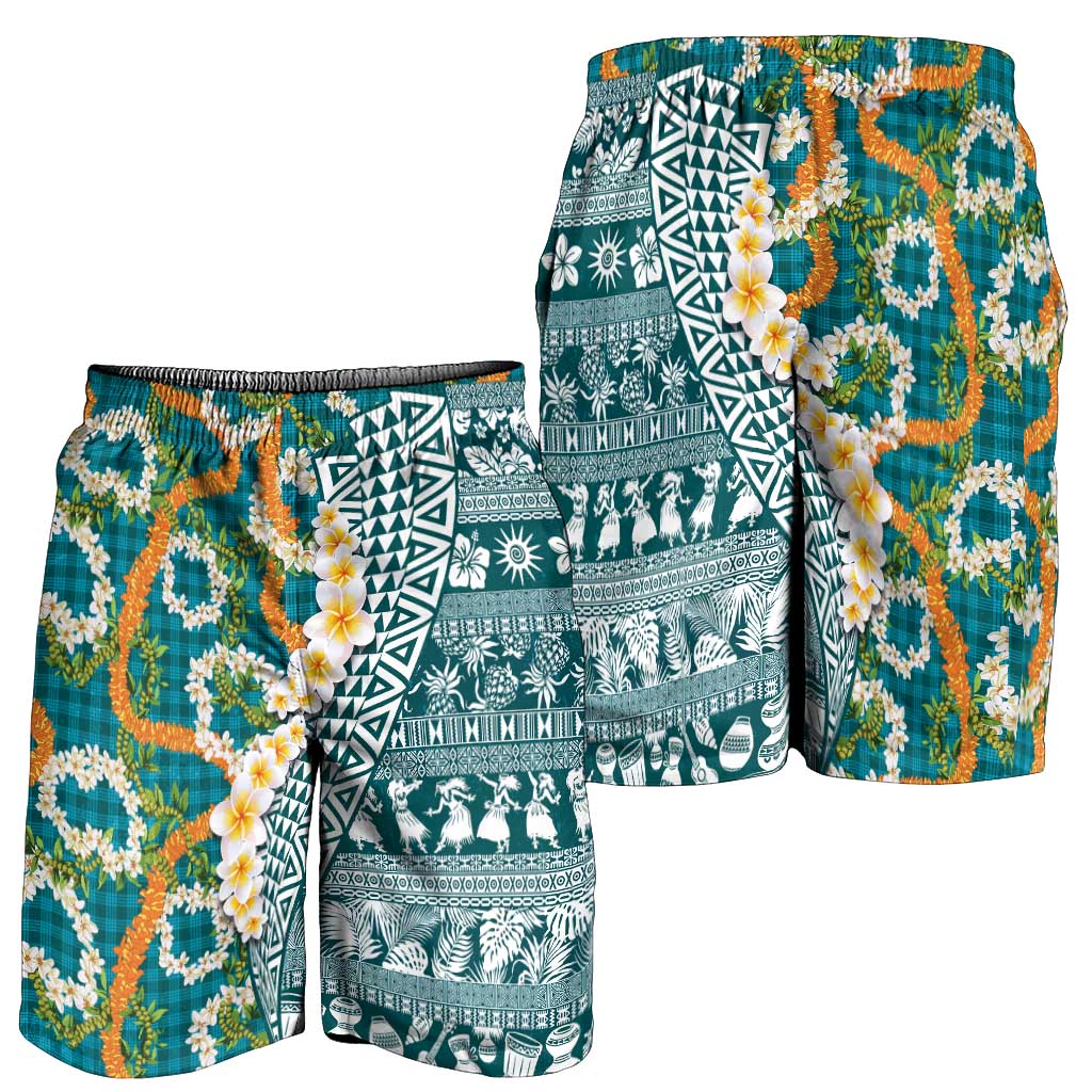 Hawaiian Plumeria Lei Shorts for Men Kakau Motifs and Palaka Half Style Turquoise Color LT03 - Polynesian Pride
