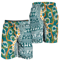 Hawaiian Plumeria Lei Shorts for Men Kakau Motifs and Palaka Half Style Turquoise Color LT03 - Polynesian Pride