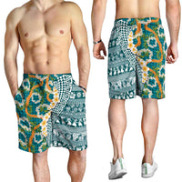 Hawaiian Plumeria Lei Shorts for Men Kakau Motifs and Palaka Half Style Turquoise Color LT03 - Polynesian Pride