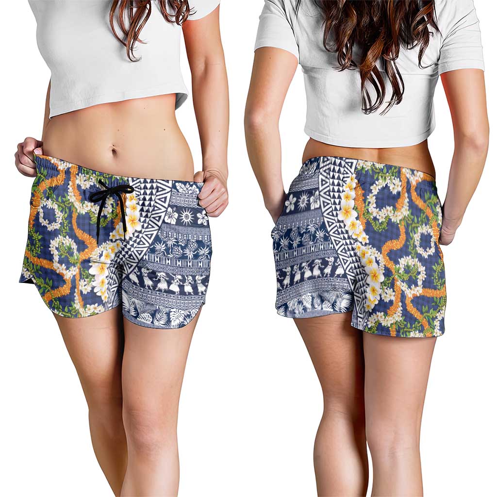 Hawaiian Plumeria Lei Shorts for Women Kakau Motifs and Palaka Half Style Blue Color LT03 - Polynesian Pride