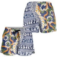 Hawaiian Plumeria Lei Shorts for Women Kakau Motifs and Palaka Half Style Blue Color LT03 - Polynesian Pride