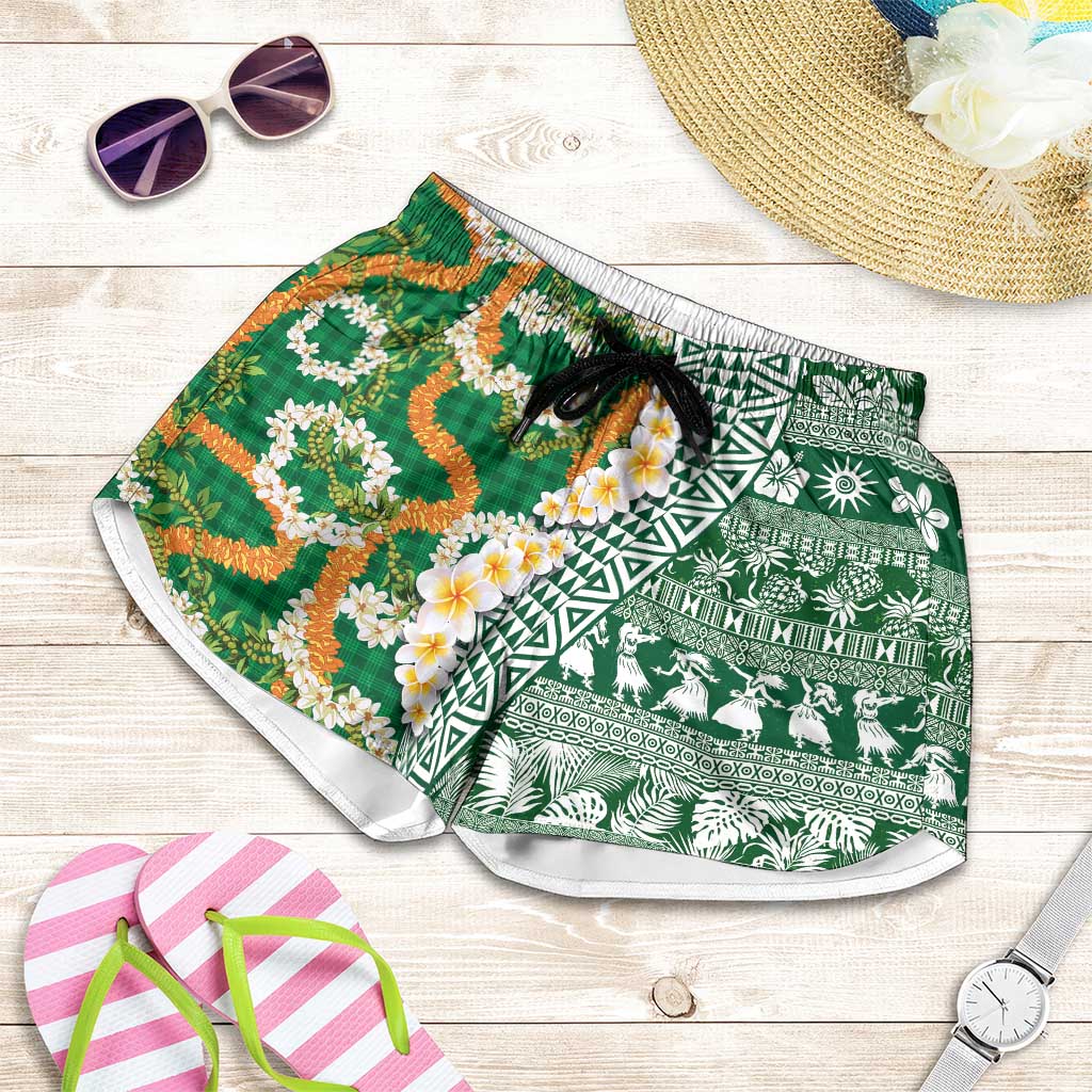 Hawaiian Plumeria Lei Shorts for Women Kakau Motifs and Palaka Half Style Green Color LT03 Green - Polynesian Pride