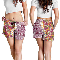 Hawaiian Plumeria Lei Shorts for Women Kakau Motifs and Palaka Half Style Pink Color LT03 - Polynesian Pride