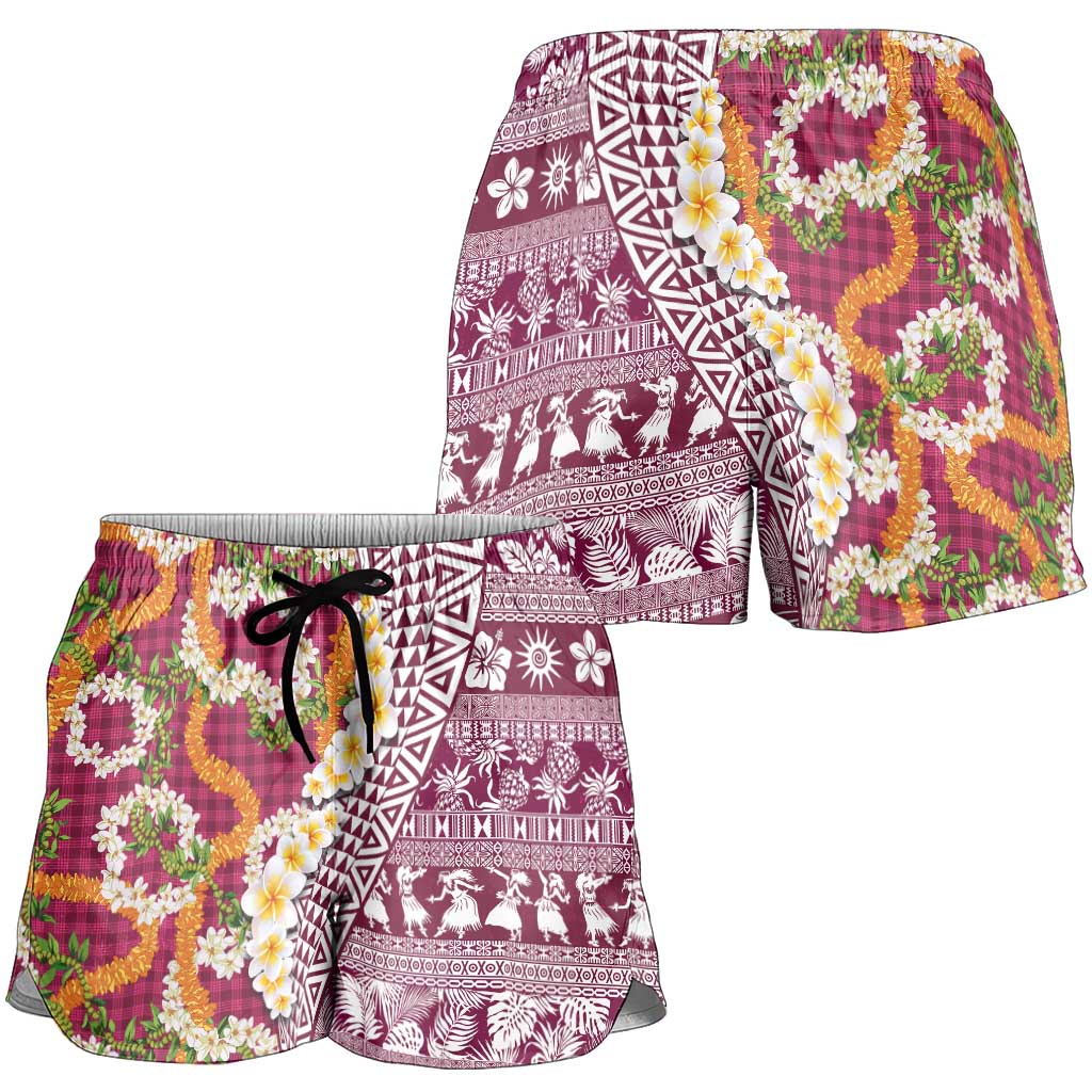 Hawaiian Plumeria Lei Shorts for Women Kakau Motifs and Palaka Half Style Pink Color LT03 - Polynesian Pride