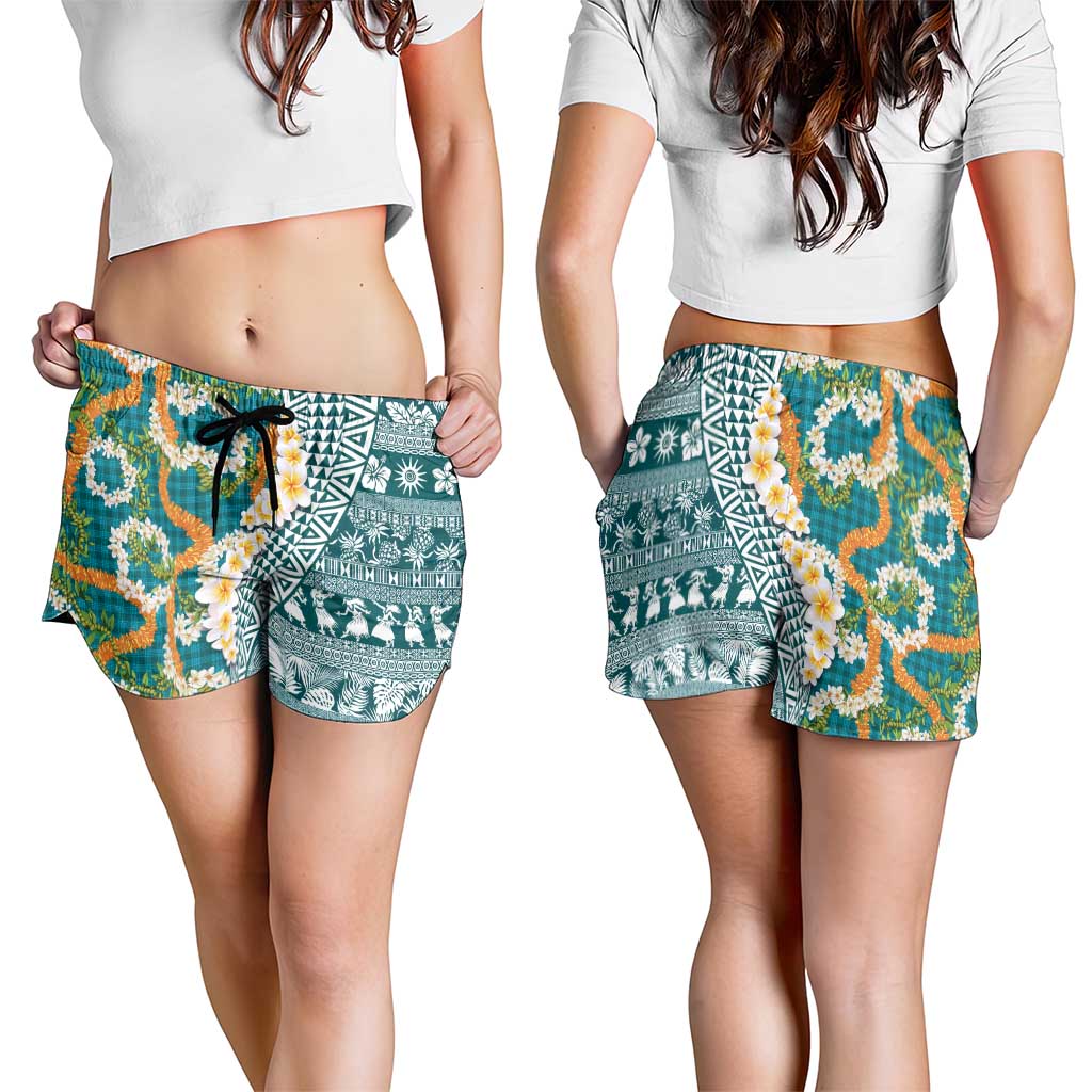 Hawaiian Plumeria Lei Shorts for Women Kakau Motifs and Palaka Half Style Turquoise Color LT03 - Polynesian Pride