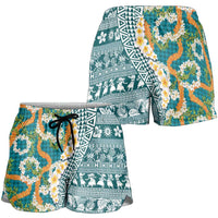 Hawaiian Plumeria Lei Shorts for Women Kakau Motifs and Palaka Half Style Turquoise Color LT03 - Polynesian Pride