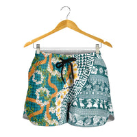 Hawaiian Plumeria Lei Shorts for Women Kakau Motifs and Palaka Half Style Turquoise Color LT03 - Polynesian Pride