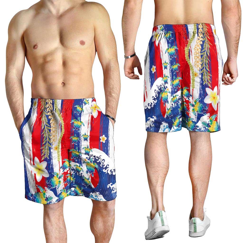 Hawaiian Sea Turtles and Plumeria Shorts for Men with Lei and Flag Grunge Style LT03 - Polynesian Pride