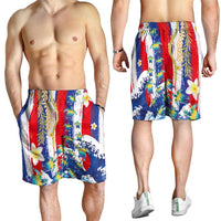 Hawaiian Sea Turtles and Plumeria Shorts for Men with Lei and Flag Grunge Style LT03 - Polynesian Pride