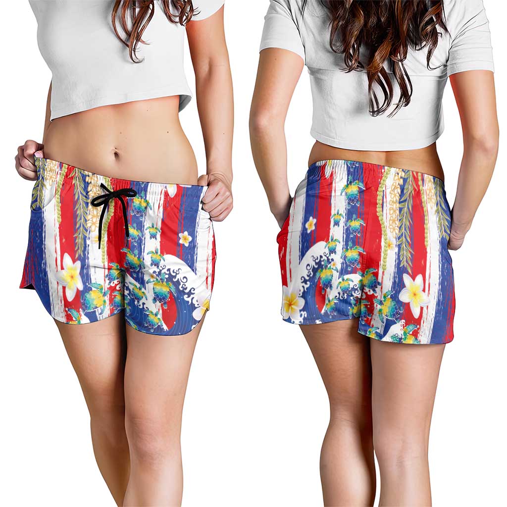 Hawaiian Sea Turtles and Plumeria Shorts for Women with Lei and Flag Grunge Style LT03 - Polynesian Pride