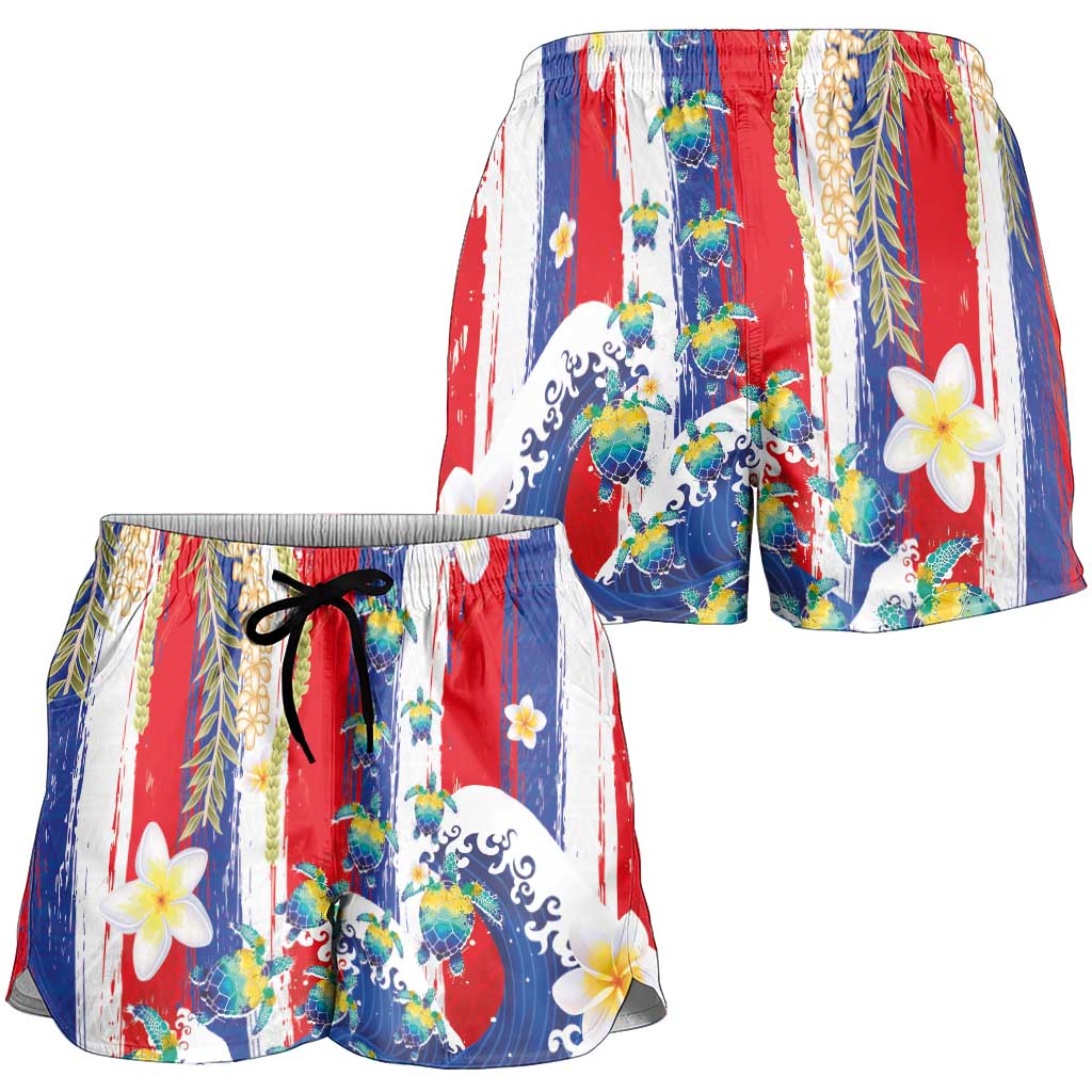 Hawaiian Sea Turtles and Plumeria Shorts for Women with Lei and Flag Grunge Style LT03 - Polynesian Pride