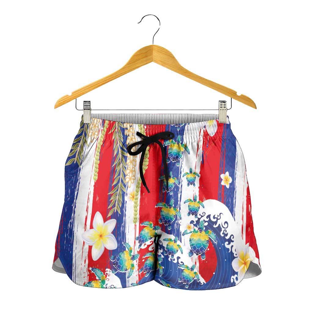 Hawaiian Sea Turtles and Plumeria Shorts for Women with Lei and Flag Grunge Style LT03 - Polynesian Pride