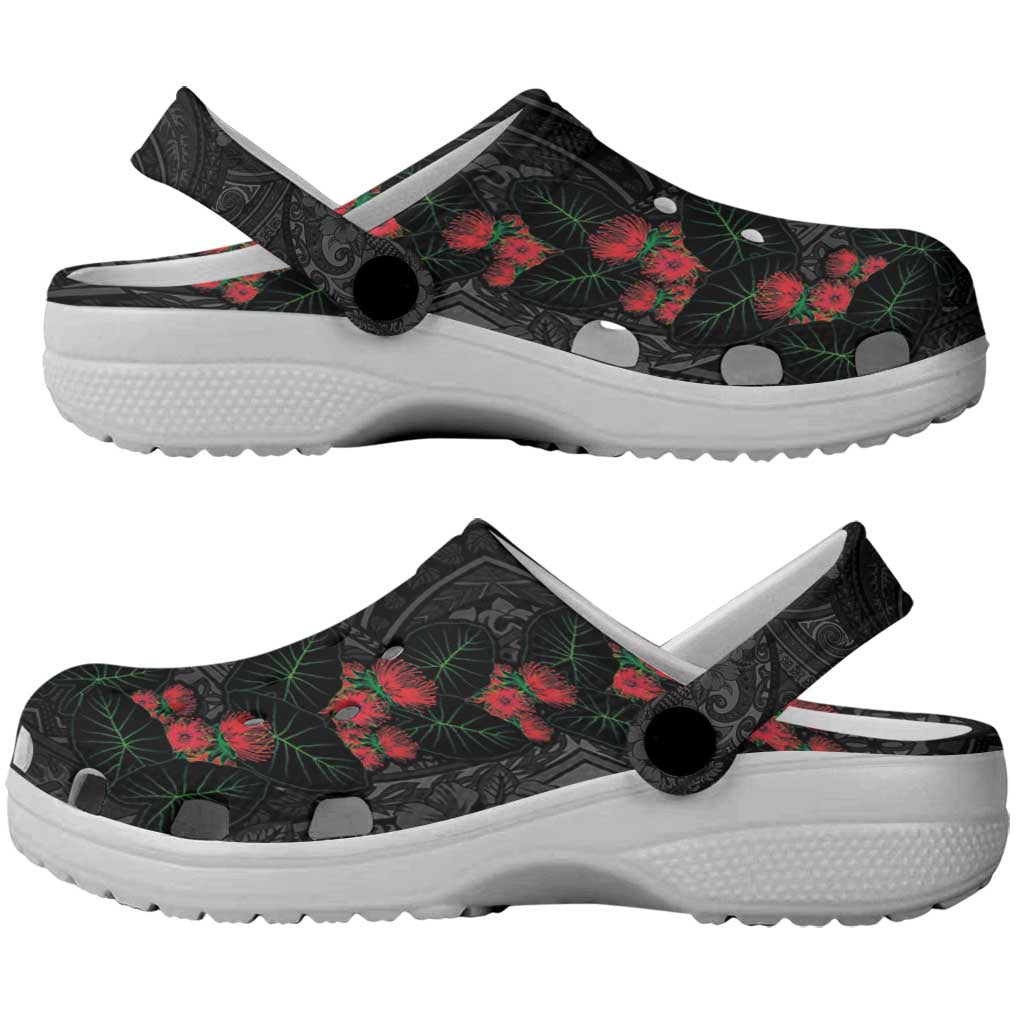 Hawaiian Taro Leaves and Ohia Lehua Clogs Shoes Polynesian Tribal Art Tropical Plants Motifs Grayscale LT03 - Polynesian Pride