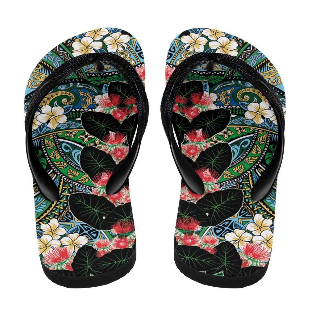 Hawaiian Taro Leaves and Ohia Lehua Flip Flops Polynesian Tribal Art Tropical Plants Motifs Colorful LT03 - Polynesian Pride