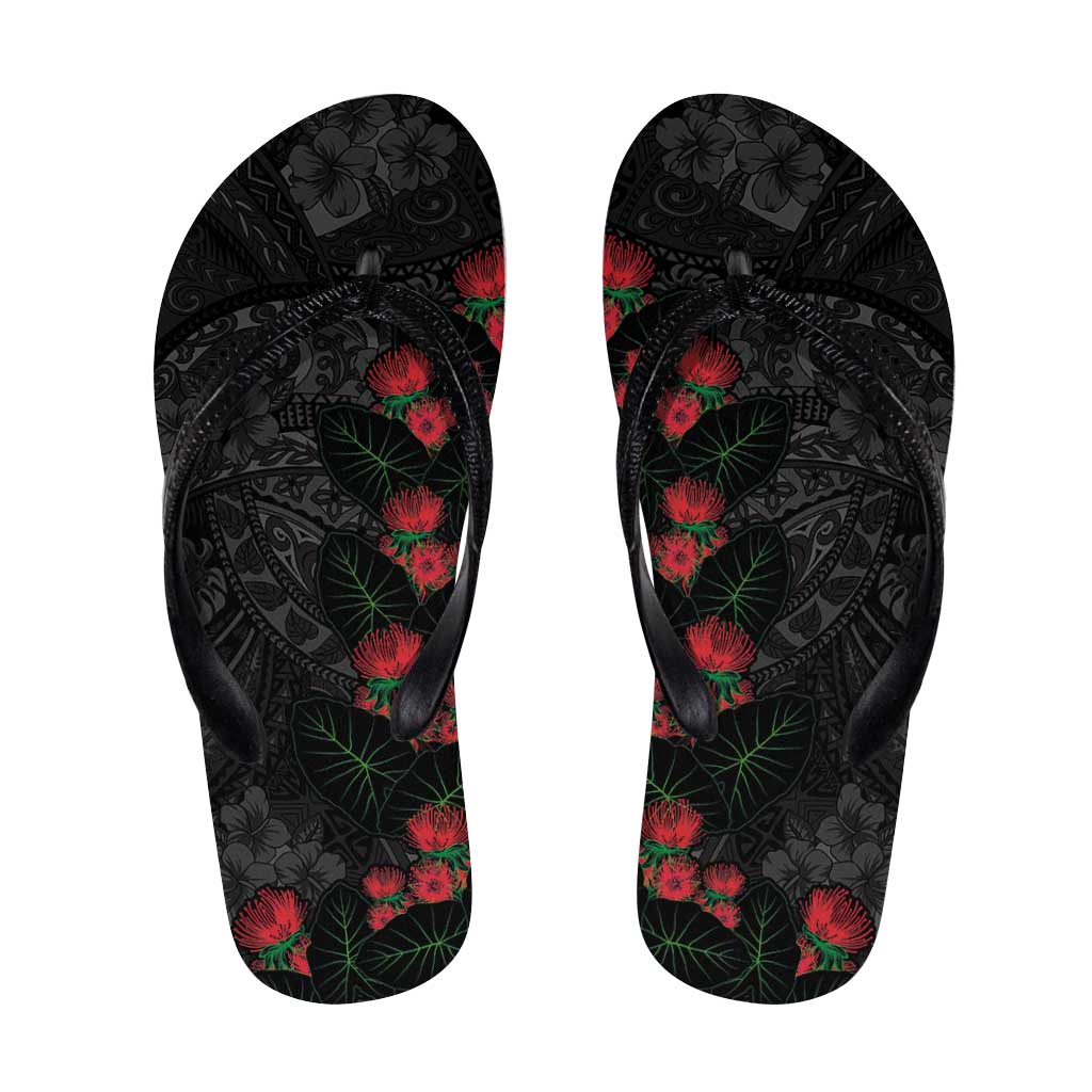 Hawaiian Taro Leaves and Ohia Lehua Flip Flops Polynesian Tribal Art Tropical Plants Motifs Grayscale LT03 Multicolor - Polynesian Pride