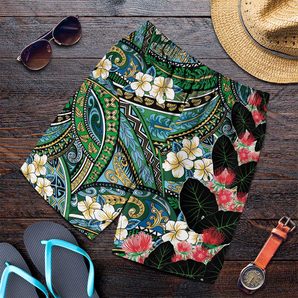 Hawaiian Taro Leaves and Ohia Lehua Shorts for Men Polynesian Tribal Art Tropical Plants Motifs Colorful LT03 Multicolor - Polynesian Pride
