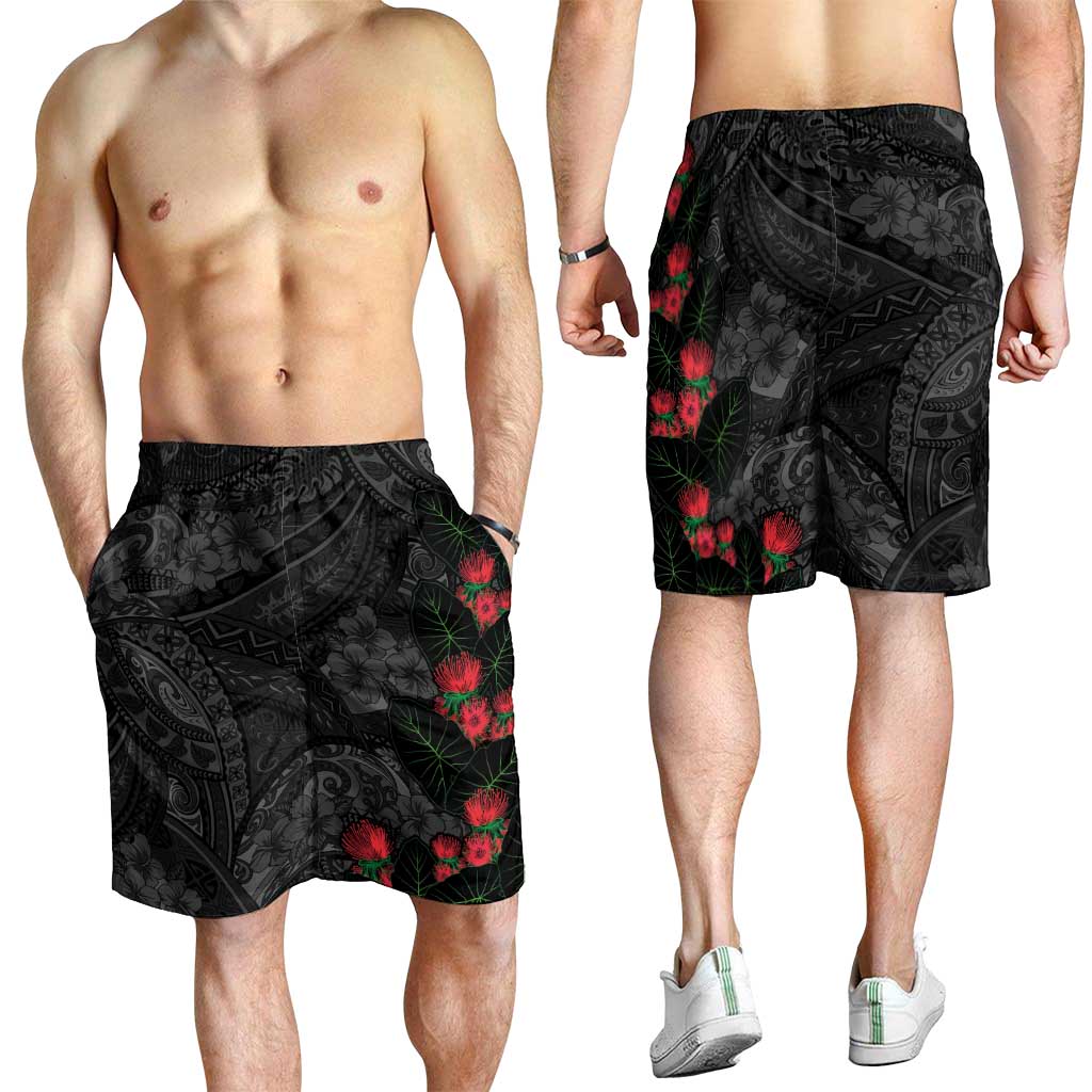 Hawaiian Taro Leaves and Ohia Lehua Shorts for Men Polynesian Tribal Art Tropical Plants Motifs Grayscale LT03 - Polynesian Pride