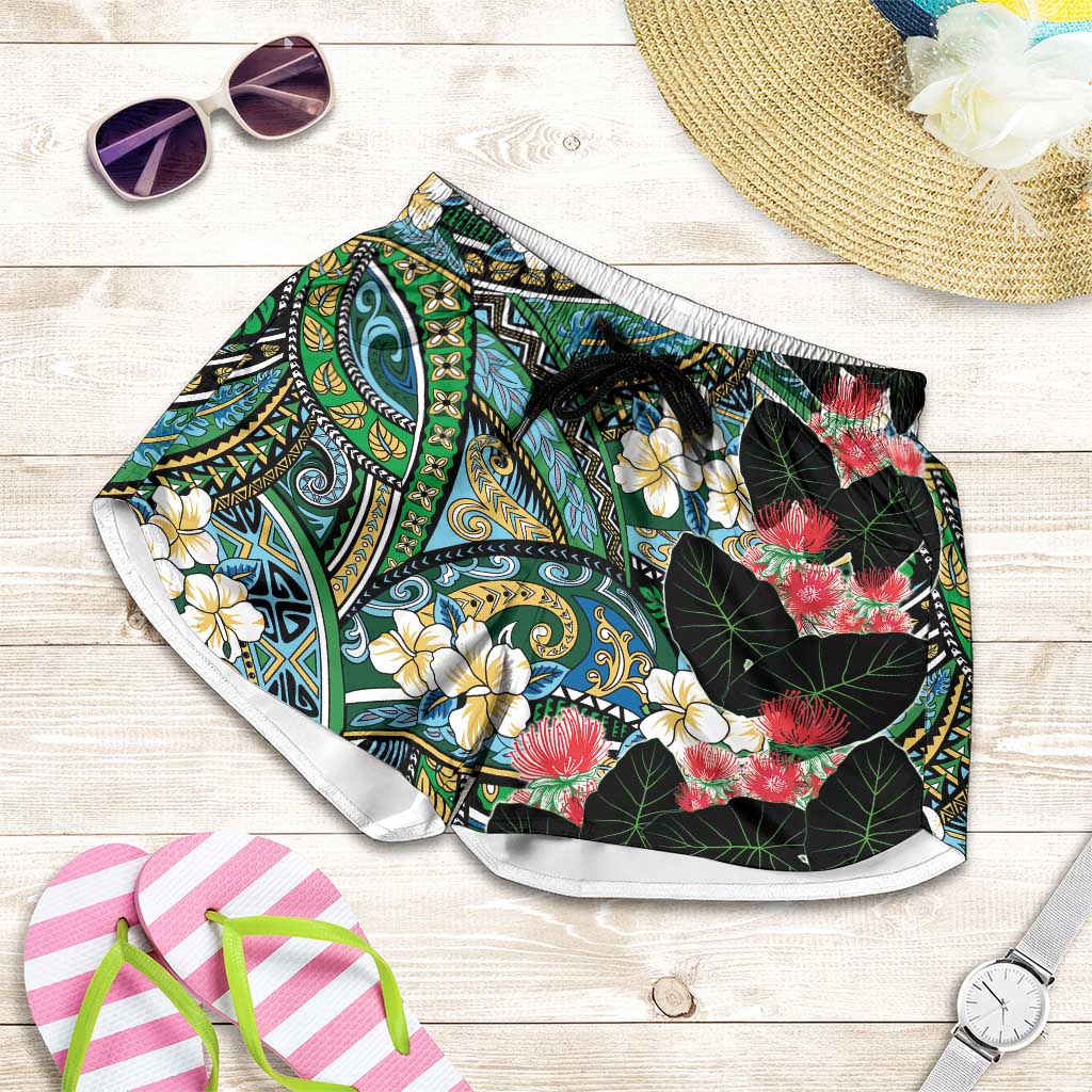 Hawaiian Taro Leaves and Ohia Lehua Shorts for Women Polynesian Tribal Art Tropical Plants Motifs Colorful LT03 Multicolor - Polynesian Pride