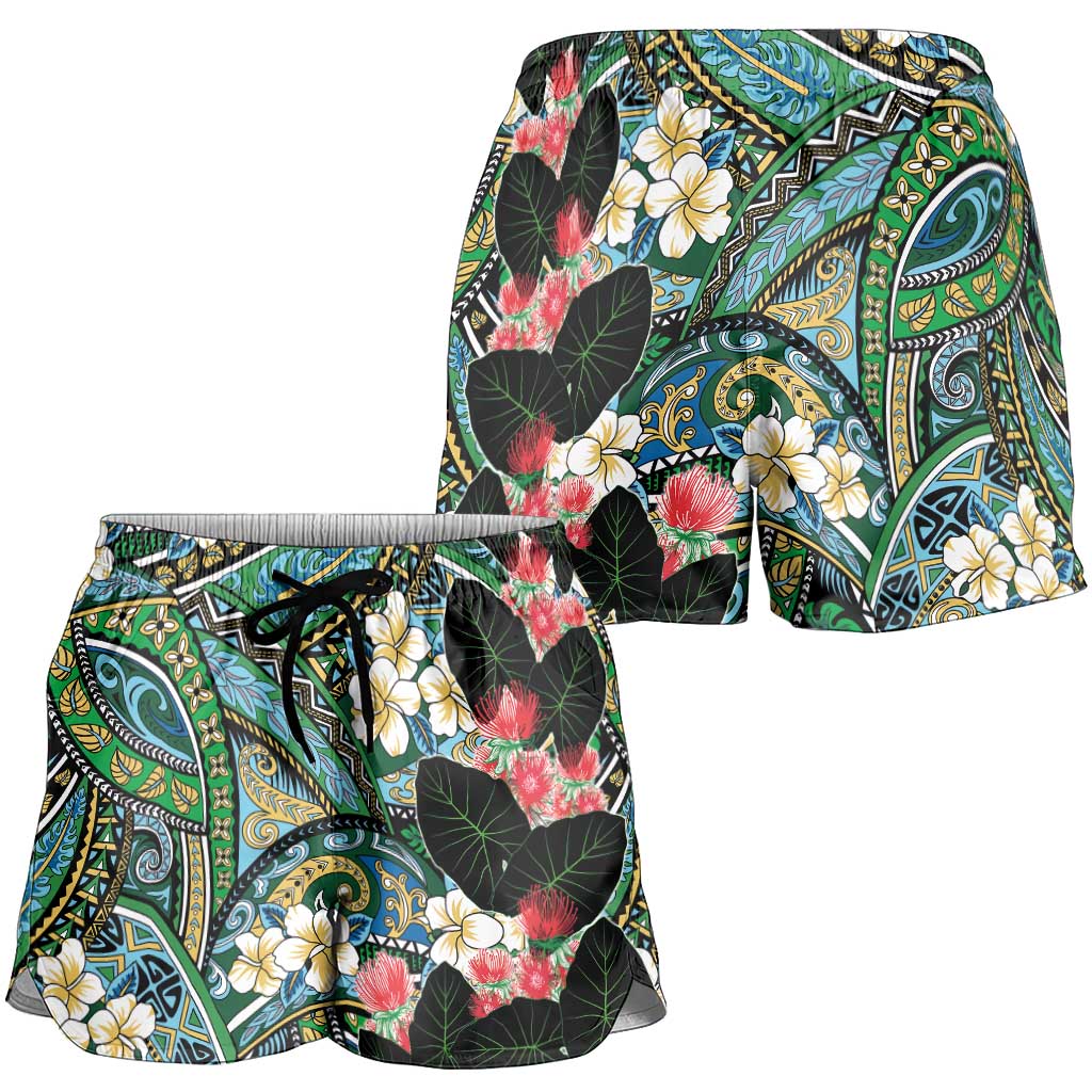Hawaiian Taro Leaves and Ohia Lehua Shorts for Women Polynesian Tribal Art Tropical Plants Motifs Colorful LT03 - Polynesian Pride