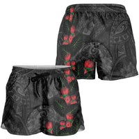 Hawaiian Taro Leaves and Ohia Lehua Shorts for Women Polynesian Tribal Art Tropical Plants Motifs Grayscale LT03 - Polynesian Pride
