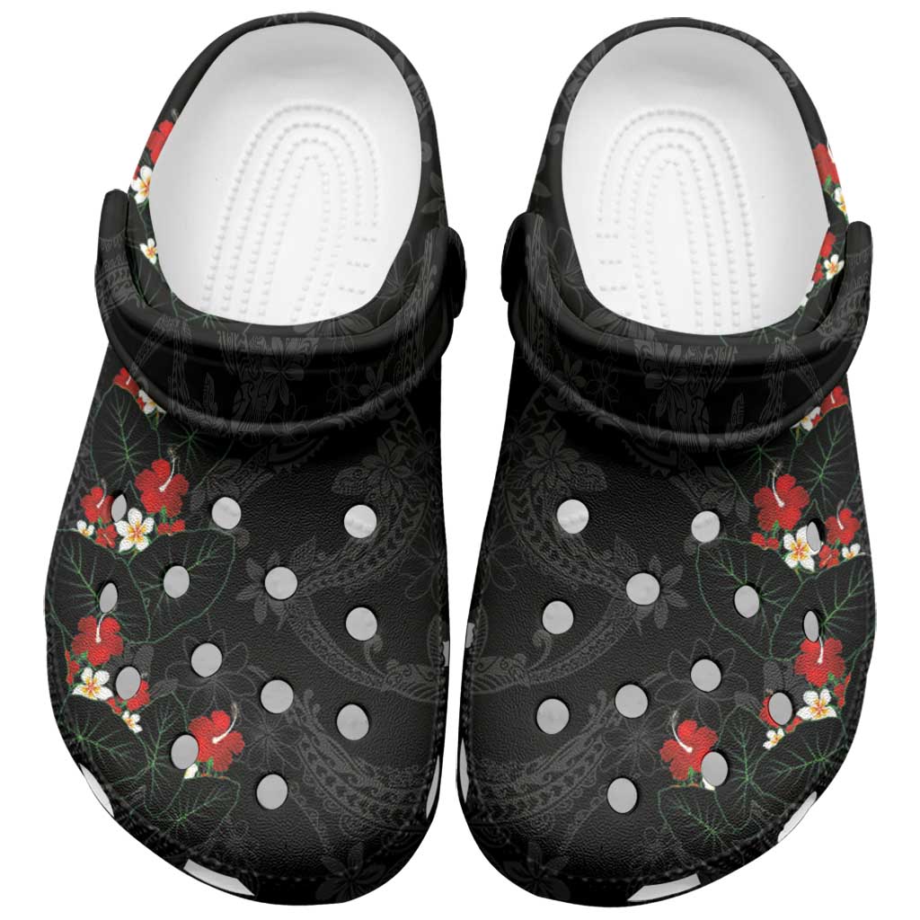 Hawaiian Taro Leaves-Hibiscus and Plumeria Clogs Shoes Floral Tribal Tattoo Motif LT03 Black - Polynesian Pride