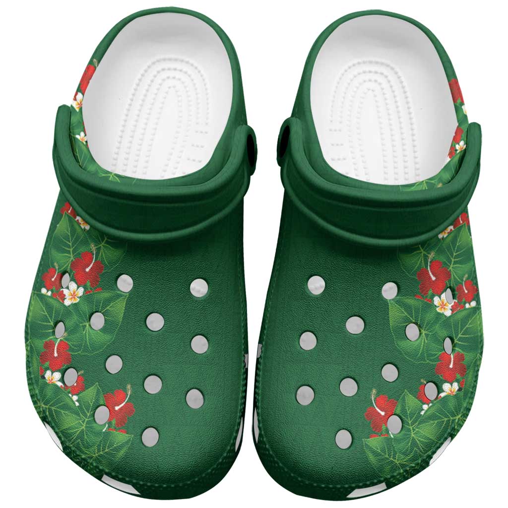 Hawaiian Taro Leaves-Hibiscus and Plumeria Clogs Shoes Polynesian Art-Kakau Tattoo Green LT03 Green - Polynesian Pride