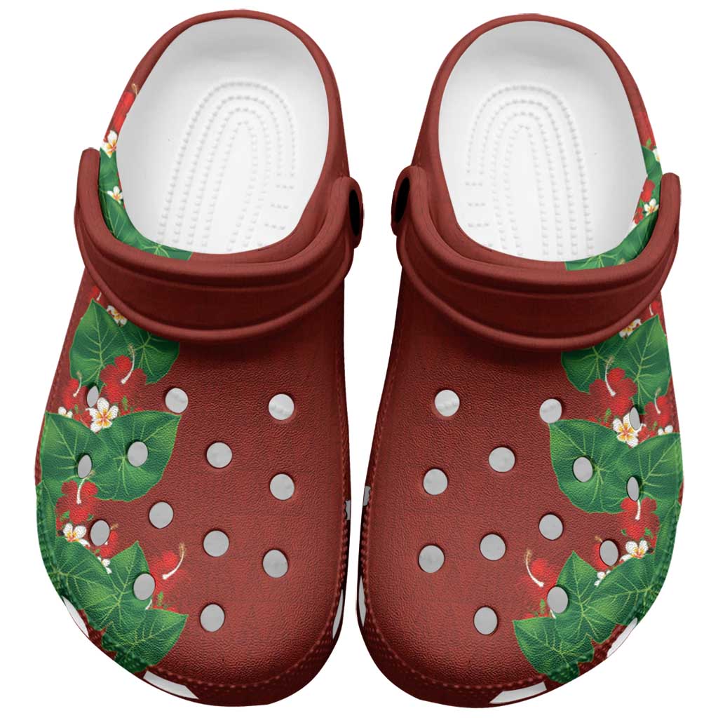 Hawaiian Taro Leaves-Hibiscus and Plumeria Clogs Shoes Polynesian Art-Kakau Tattoo Red LT03 Red - Polynesian Pride