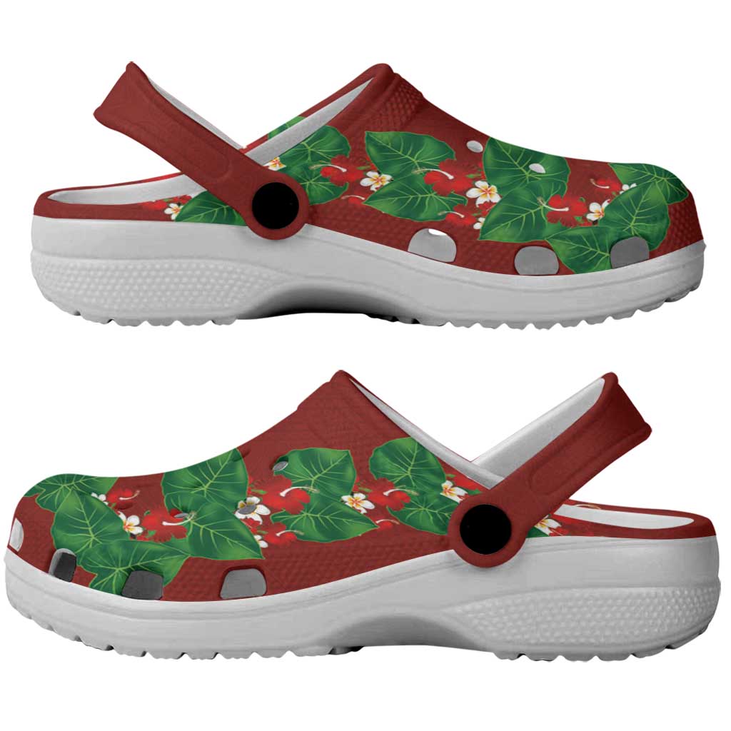 Hawaiian Taro Leaves-Hibiscus and Plumeria Clogs Shoes Polynesian Art-Kakau Tattoo Red LT03 - Polynesian Pride