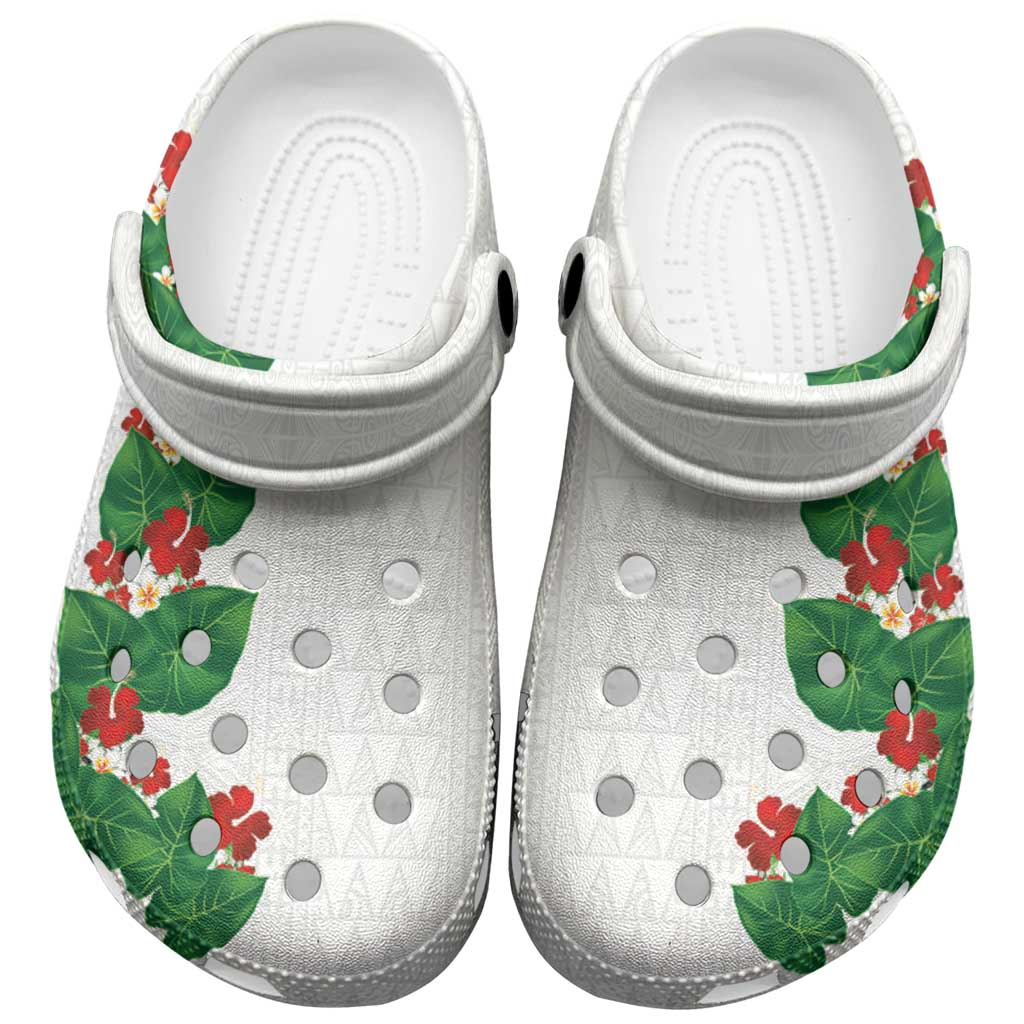 Hawaiian Taro Leaves-Hibiscus and Plumeria Clogs Shoes Polynesian Art-Kakau Tattoo White LT03 White - Polynesian Pride