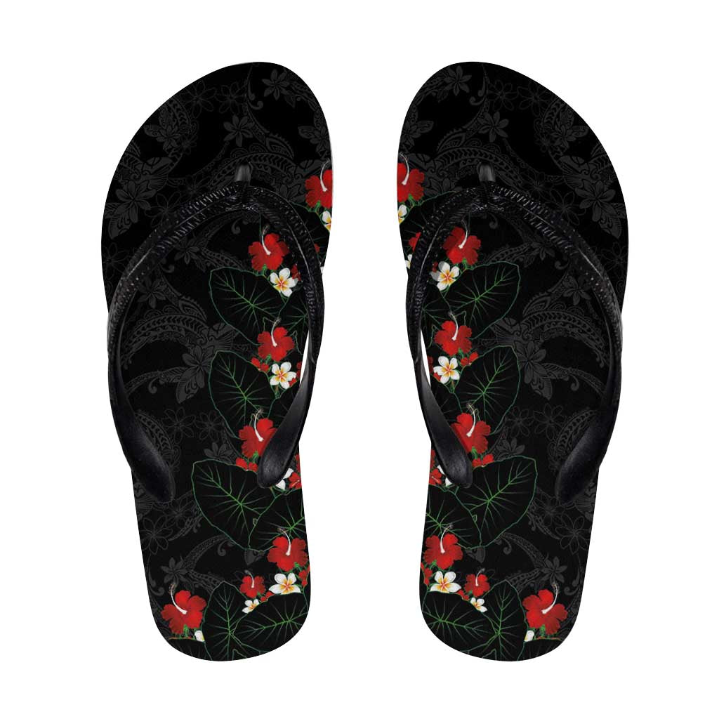 Hawaiian Taro Leaves-Hibiscus and Plumeria Flip Flops Floral Tribal Tattoo Motif LT03 Black - Polynesian Pride