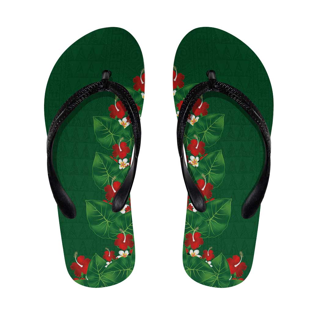 Hawaiian Taro Leaves-Hibiscus and Plumeria Flip Flops Polynesian Art-Kakau Tattoo Green LT03 Green - Polynesian Pride