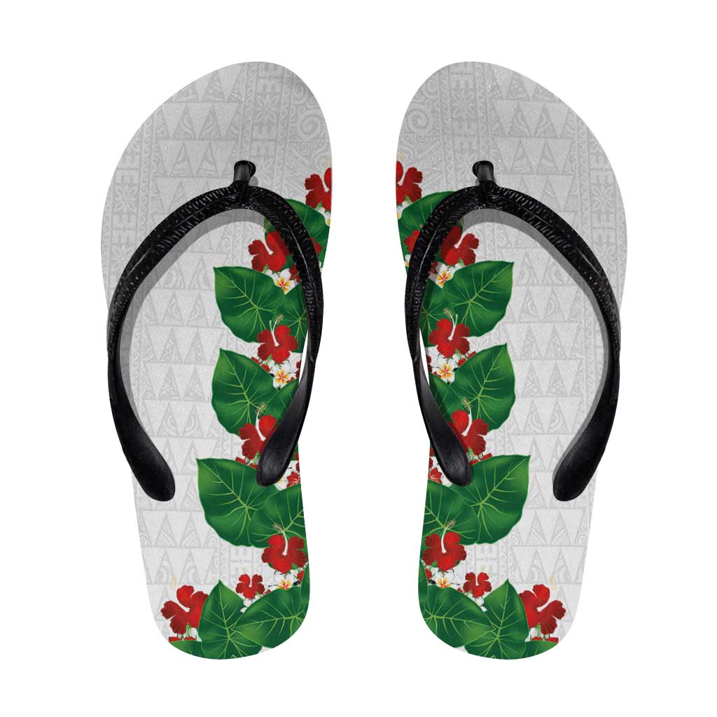 Hawaiian Taro Leaves-Hibiscus and Plumeria Flip Flops Polynesian Art-Kakau Tattoo White