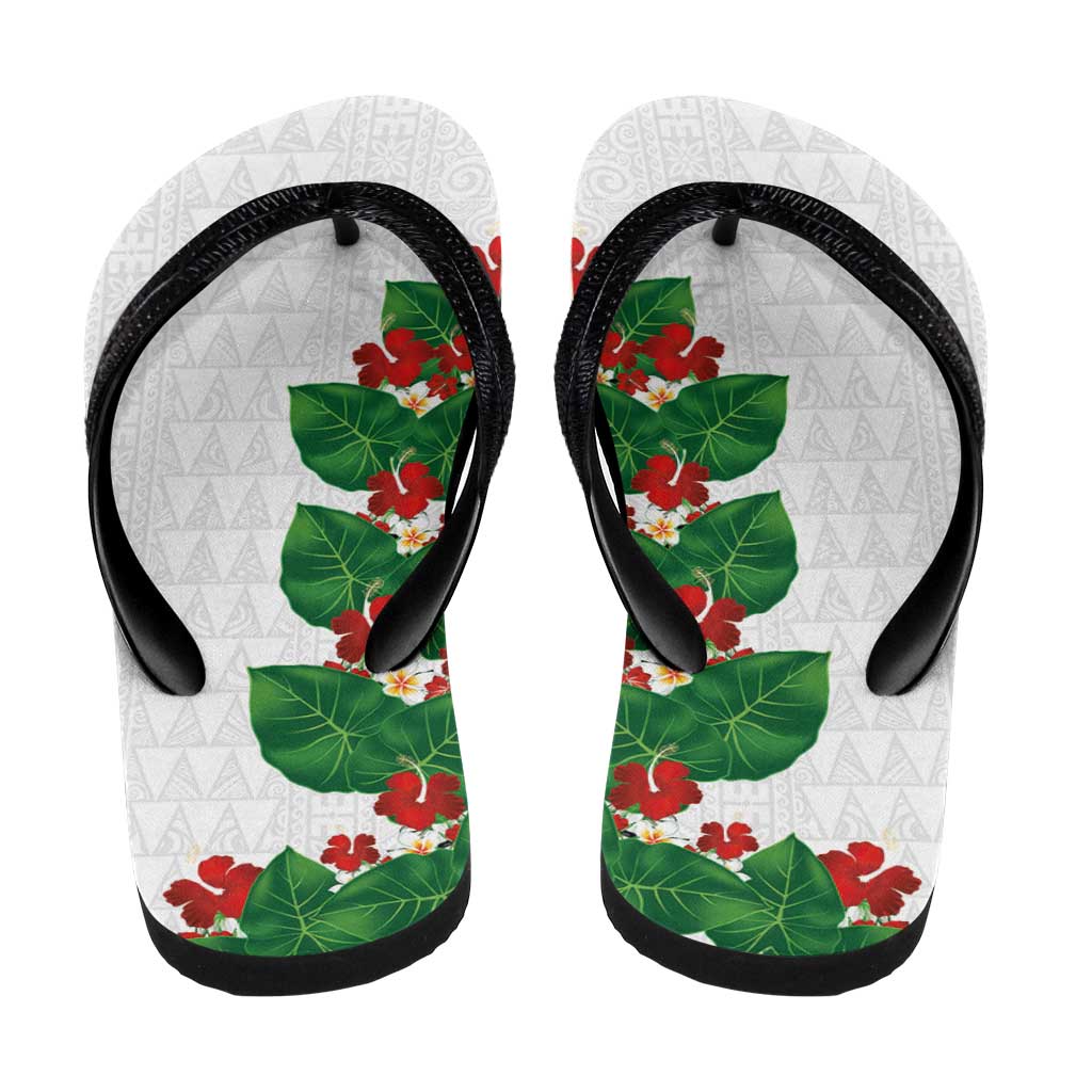 Hawaiian Taro Leaves-Hibiscus and Plumeria Flip Flops Polynesian Art-Kakau Tattoo White LT03 - Polynesian Pride