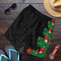Hawaiian Taro Leaves-Hibiscus and Plumeria Shorts for Men Polynesian Art-Kakau Tattoo Black LT03 Black - Polynesian Pride