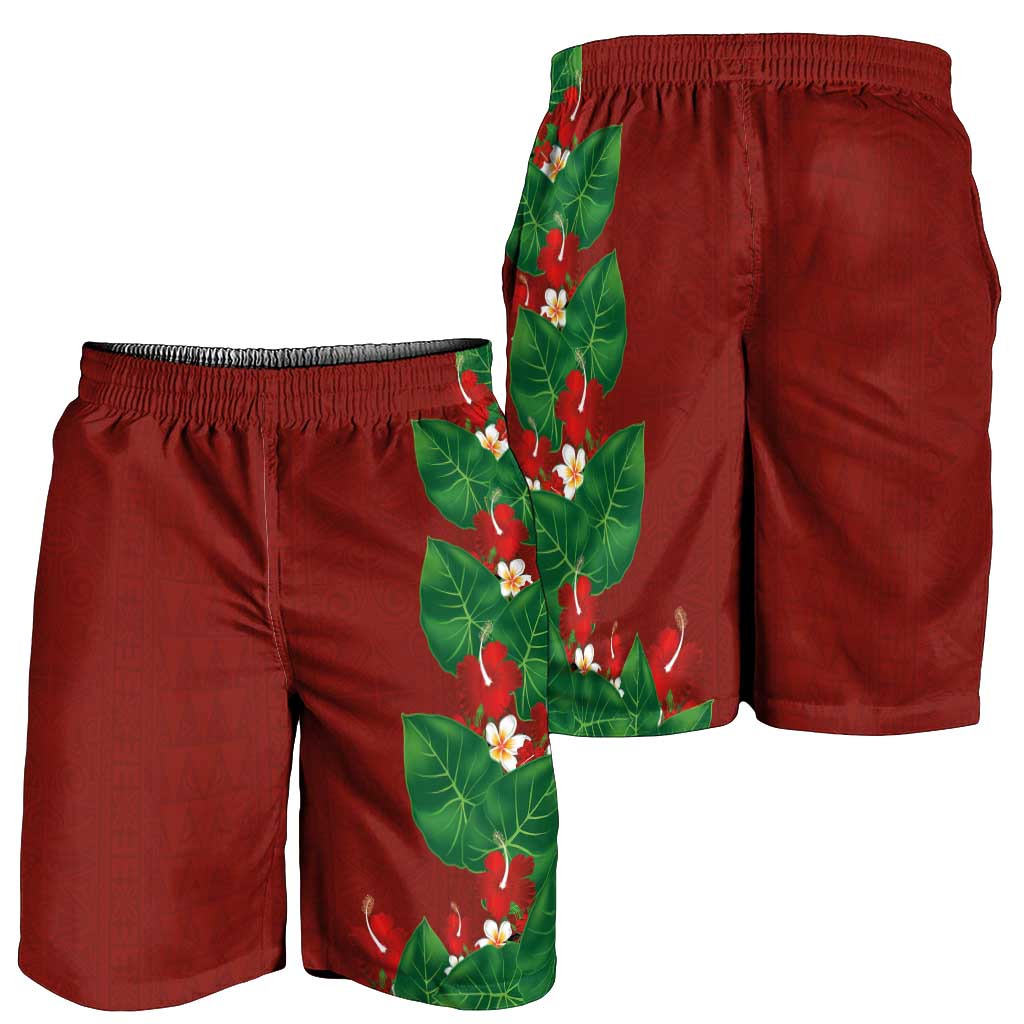 Hawaiian Taro Leaves-Hibiscus and Plumeria Shorts for Men Polynesian Art-Kakau Tattoo Red LT03 - Polynesian Pride