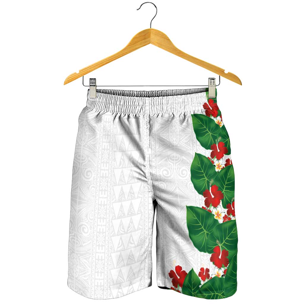 Hawaiian Taro Leaves-Hibiscus and Plumeria Shorts for Men Polynesian Art-Kakau Tattoo White LT03 - Polynesian Pride